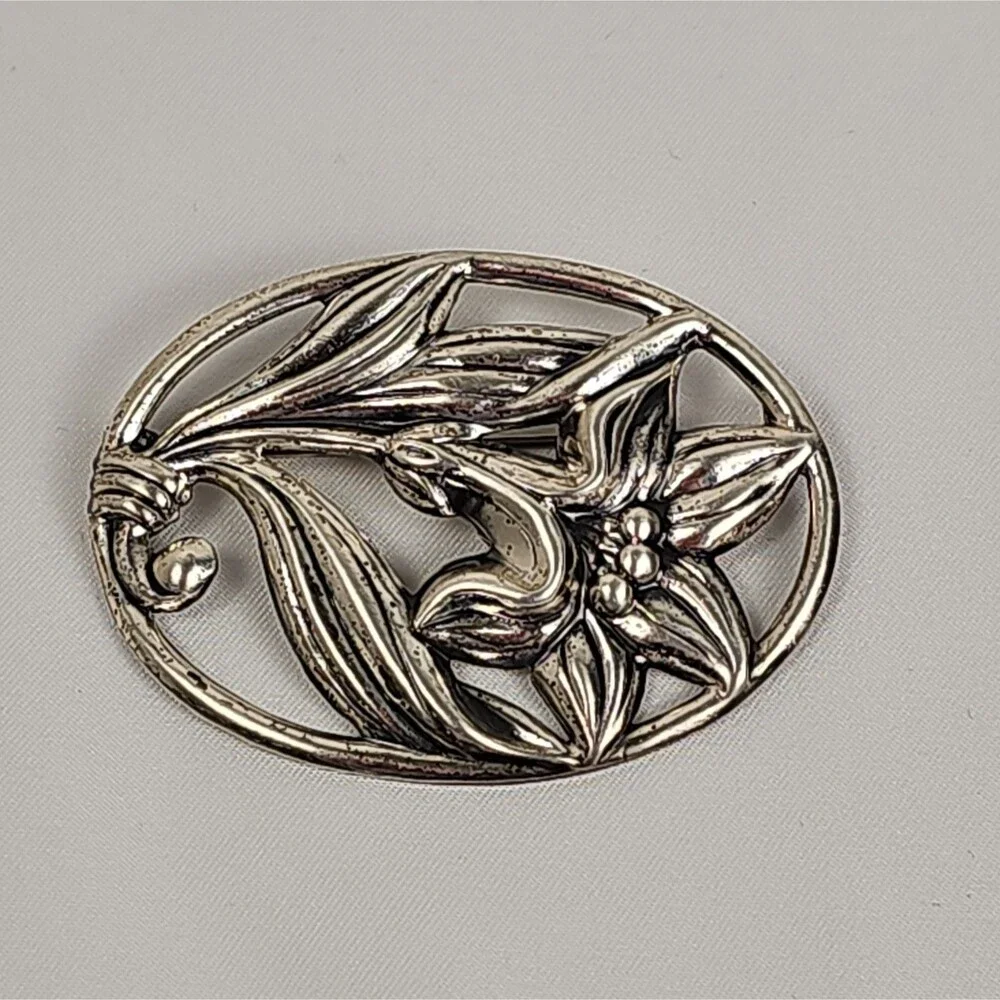 Vintage Sterling Silver Botanical Floral Brooch Openwork Flower Pin